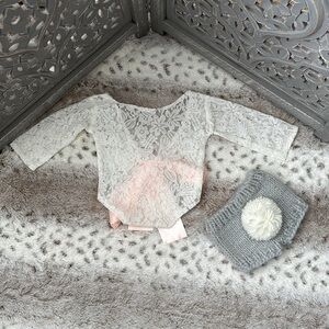 Lace long sleeve onesie bunny shorts baby girls photo shoot angelic coquette